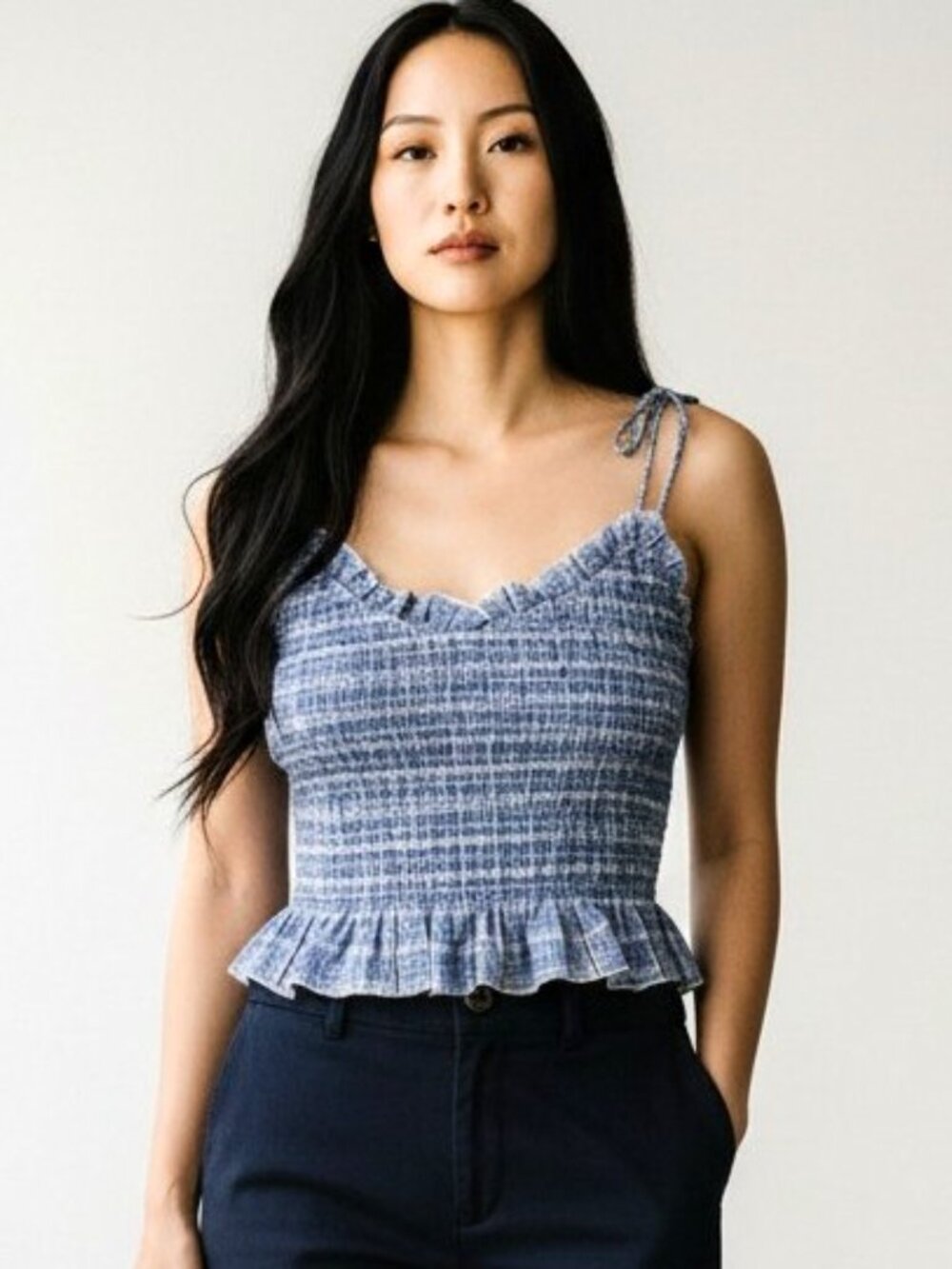 After Market Blue Plaid Smocked Crop Top Tie Shoulder Straps Ruffle Trim